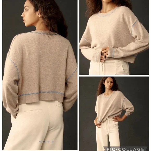 NWT new large Anthropologie pilcro Alani whipstitch cropped cashmere sweater tan - Picture 11 of 17